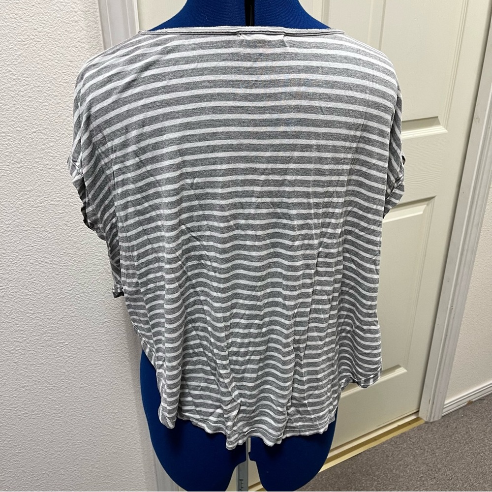 Gray and White Striped Tee Curved Hem